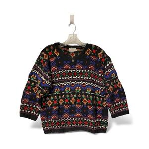 Vintage Jennifer Reed Sweater M Multicolor Hand Knit Ramie Floral 90s Novelty